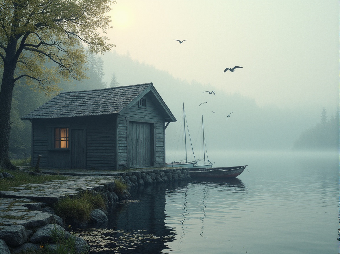 Prompt: Boathouse, wooden structure, gray color, waterfront, lake, trees surrounding, calm atmosphere, peaceful morning, misty fog, serene background, soft lighting, gentle ripples on water surface, few seagulls flying overhead, sailboats docked nearby, stone pathway leading to the boathouse, lush greenery, tranquil composition, warm natural colors.