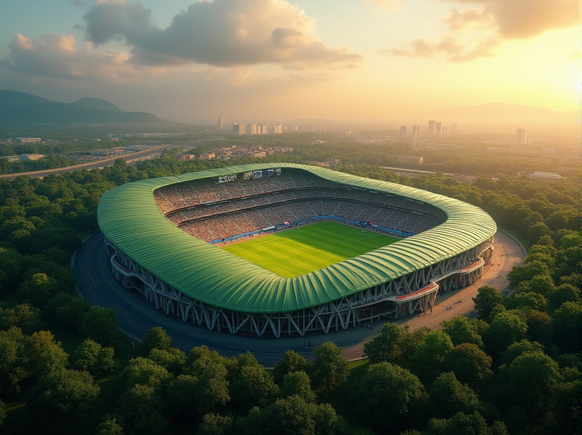 Prompt: Stadium landscape, modern architecture, green roof, lush vegetation, curved lines, dynamic shape, natural light, athletic tracks, football field, soccer stadium, Olympic games, crowded spectators, cheering crowd, sunset glow, dramatic shadows, 3/4 composition, wide-angle lens, cinematic lighting.