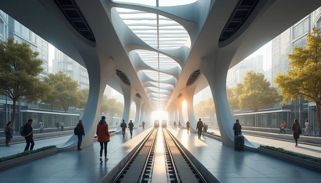 Prompt: Modern tram station, futuristic architecture, sleek lines, curves, angular shapes, fiber-cement material, textured walls, pillars, ceiling, translucent roof, natural light pouring in, ambient softbox lighting, urban cityscape background, bustling streets, trees, pedestrians walking by, morning commute scene, 3/4 composition, symmetrical framing, shallow depth of field, vibrant colors, realistic render.