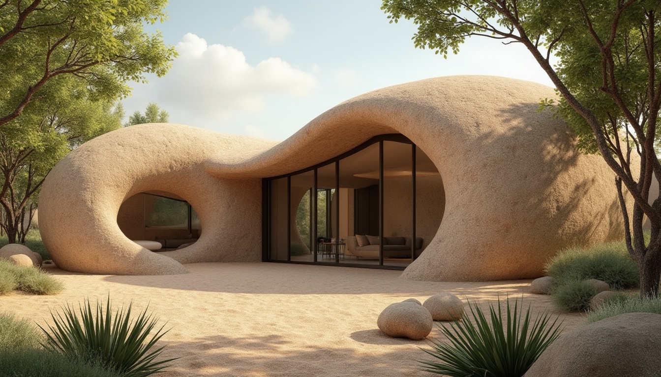 Prompt: Rammed earth material, natural texture, rough surface, earthy tone, modern architecture, sustainable building, green construction, eco-friendly, organic shape, curved lines, irregular form, rustic charm, tranquil atmosphere, serene backdrop, warm lighting, soft focus, 3/4 composition, gentle shadows, natural color palette.