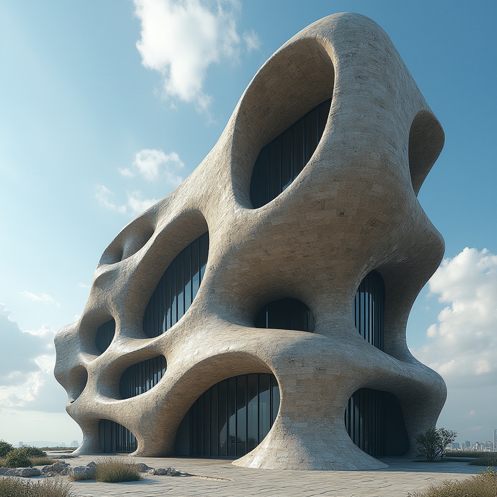 Prompt: Blobitecture building, masonry material, irregular shape, rough stone texture, grey-brown color, organic structure, futuristic ambiance, curved lines, abstract architecture, modern cityscape, sunny day, blue sky, fluffy white clouds, shallow depth of field, dramatic lighting, low-angle shot, 3/4 composition.