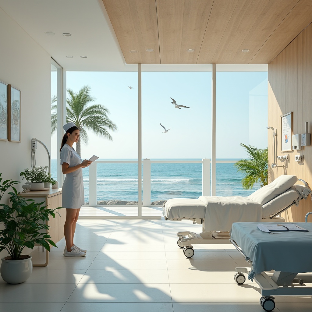 Prompt: Coastal healthcare center, modern architecture, white walls, large windows, ocean view, Chukum material, wooden texture, natural lighting, soft shadows, nurse uniform, medical equipment, hospital bed, stethoscope, doctor's coat, clipboard, Charts, Medical Records, Coastal plants, Palm trees, Seagulls flying, Ocean waves crashing, Sunny day, Warm atmosphere, 3/4 composition, Soft focus, Pastel colors.