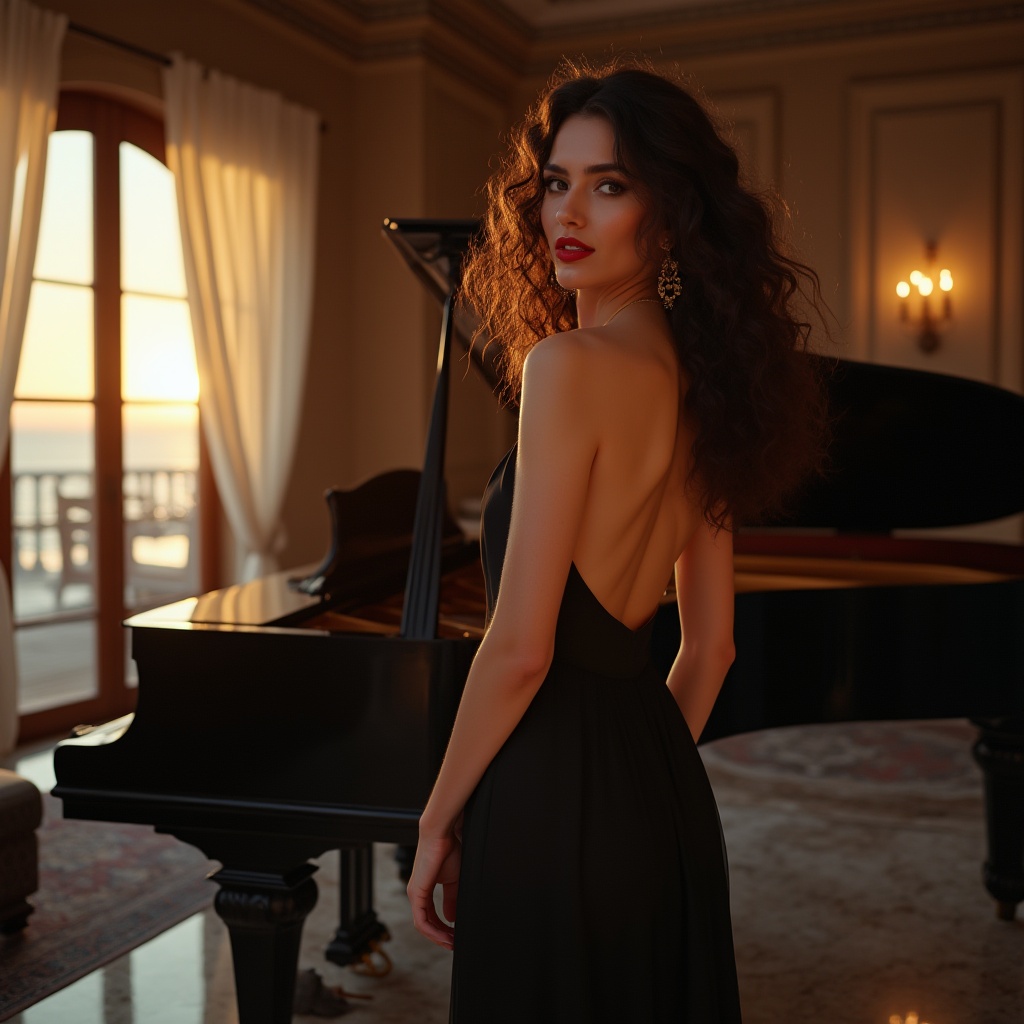 Prompt: Beach Renaissance style, black color dominant, luxurious villa, mature lady, 30s, curly wavy hair, golden earrings, bright red lipstick, elegant black evening gown, low-cut back, flowing chiffon fabric, high heels, standing near a grand piano, intricate carved wooden decorations, massive windows with white curtains, warm sunset lighting, soft focus, atmospheric perspective, cinematic composition, dramatic shadows, warm glowing ambiance.