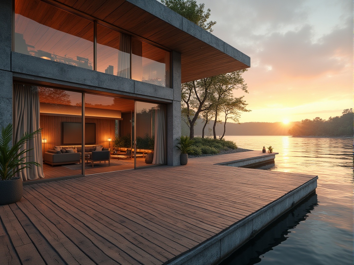 Prompt: Modern boathouse, luxurious interior, wooden dock, lake, sunset, gentle ripples on water, warm ambient light, soft focus, natural texture, wooden accents, minimalist decor, sleek lines, large windows, panoramic view, 3/4 composition, reflection of surrounding environment in glass surface, plastered concrete wall, smooth finish, industrial chic, modern architecture, cozy atmosphere.