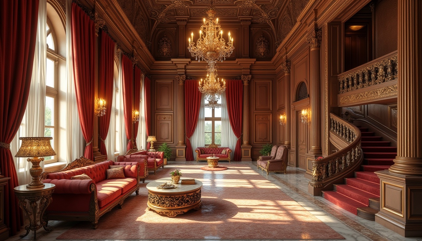 Prompt: Grand Renaissance-style interior, luxurious furnishings, ornate wooden paneling, intricately carved furniture legs, velvet drapes, golden chandeliers, crystal glassware, marble flooring, high ceilings, grand staircases, sprawling rooms, lavish decorations, opulent fabrics, warm lighting, Renaissance-inspired artwork, rich textures, elegant atmosphere, Baroque details, classical proportions, symmetrical composition, warm color palette, soft focus.