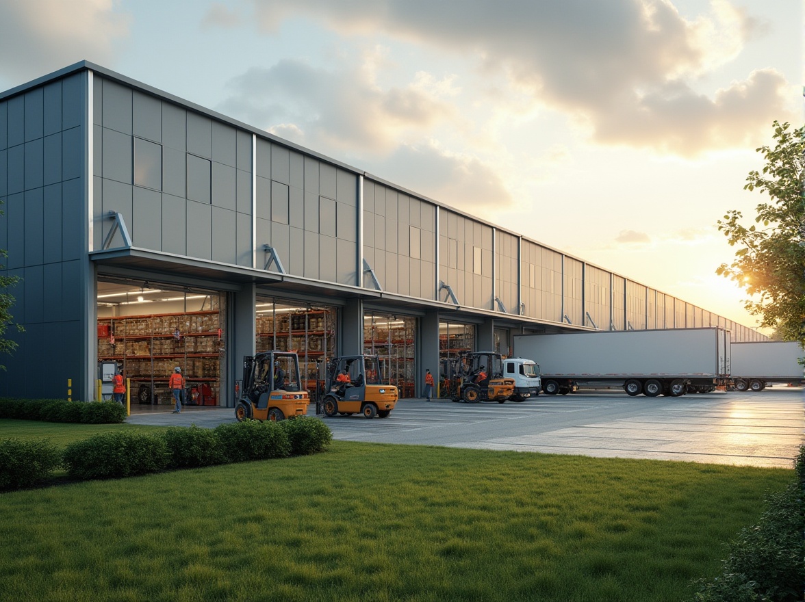 Prompt: Modern suburban distribution center, sleek minimalist architecture, silver metal walls, large glass windows, rows of tall shelves, busy workers in orange vests, forklifts moving crates, loading docks, trucks parked outside, green lawn with trimmed hedges, cloudy sky with sun peeking through, warm afternoon light, shallow depth of field, realistic rendering.