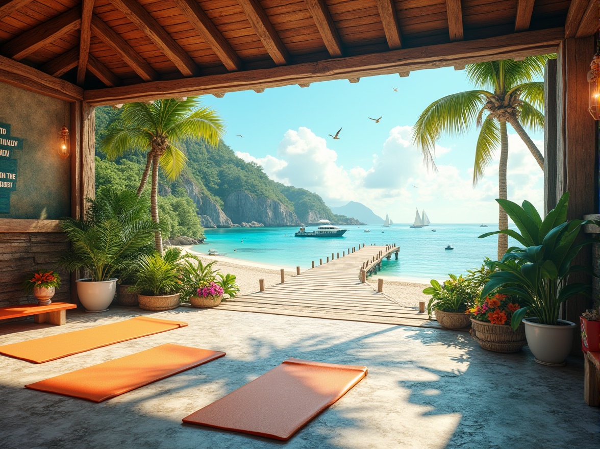 Prompt: Inspiring island scenery, gymnasium setting, tropical plants, vibrant flowers, palm trees swaying gently, sandy beach, clear turquoise water, sailboats, yachts, seagulls flying overhead, sunny sky with few white clouds, wooden pier, fitness equipment scattered around, colorful exercise mats, motivational quotes on walls, bright lanterns hanging from ceiling, natural stone flooring, soft warm lighting, panoramic view, 3/4 composition, dreamy atmosphere, serene ambiance.