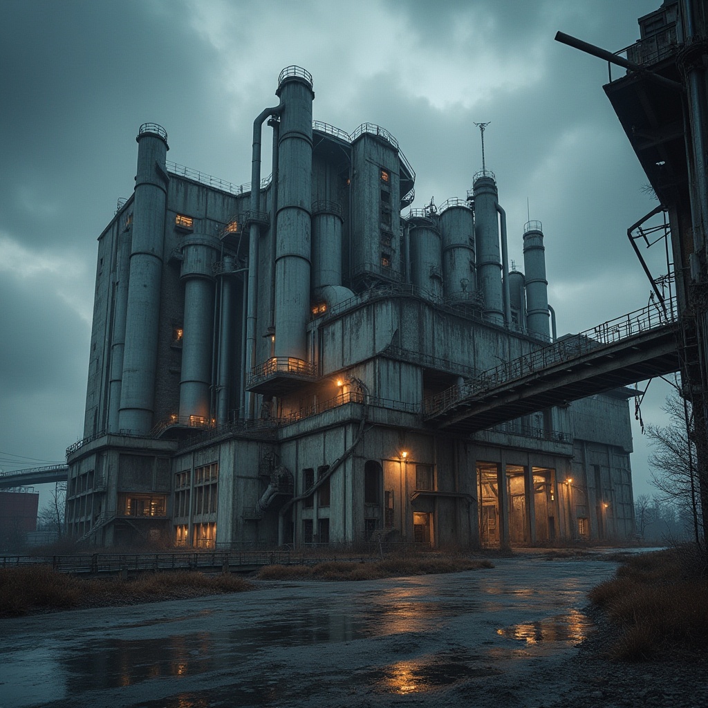 Prompt: Industrial building, modern architecture, factory expressionism style, brutalist concrete structure, exposed pipes, metal beams, industrial lamps, urban landscape, cityscape, cloudy sky, dramatic lighting, low-angle shot, cinematic composition, moody atmosphere, bold geometric shapes, raw textures, distressed walls, rusty machinery, old conveyor belts, abandoned factory, post-apocalyptic feel, futuristic tone, sci-fi ambiance.