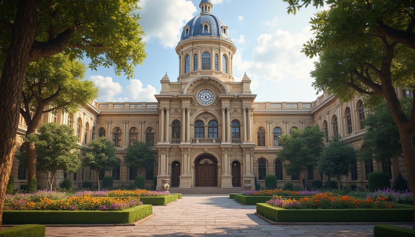 Prompt: Historic courthouse, fusion architecture, grand entrance, ornate columns, clock tower, stained glass dome, intricate stone carvings, mixture of modern and classic elements, contrast of old and new materials, symmetrical composition, central courtyard, lush greenery, vibrant flowers, natural light pouring in, warm ambient lighting, dramatic shadows, low-angle shot, 3/4 composition.