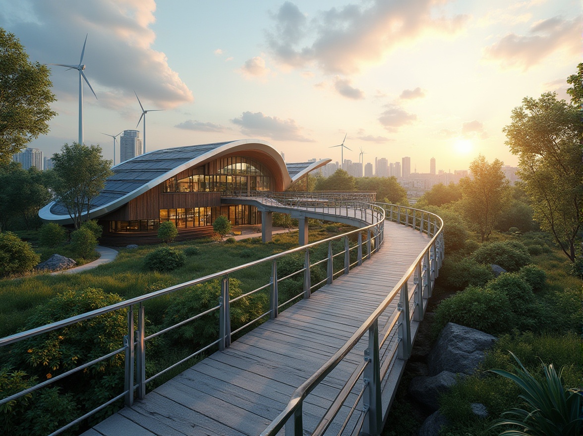 Prompt: Modern pedestrian bridge, sustainable design practices, eco-friendly materials, recycled steel, FSC certified wood, solar panels, wind turbines, green roofs, lush vegetation, flowing curves, minimalist structure, urban landscape, cityscape, evening scene, warm lighting, soft glow, shallow depth of field, 3/4 composition, atmospheric perspective.