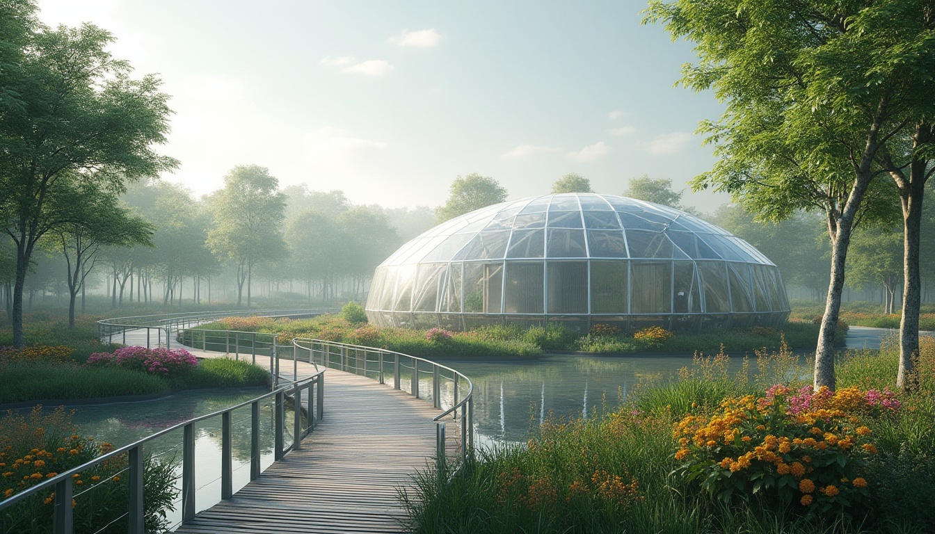 Prompt: Wetland, polycarbonate structure, modern architecture, futuristic, eco-friendly, sustainable materials, water reflection, misty atmosphere, lush greenery, vibrant flowers, winding boardwalk, wooden planks, steel handrails, sleek benches, tranquil ambiance, soft natural light, 3/4 composition, shallow depth of field, cinematic mood, ambient occlusion.