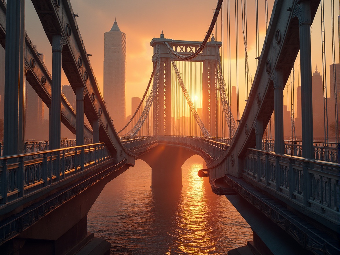 Prompt: Art Deco bridge, luxurious, metallic material, ornate railings, curved lines, geometric patterns, cityscape, riverbank, sunset time, warm golden light, misty atmosphere, majestic pillars, grand arches, intricate ironwork, vibrant neon lights, dynamic composition, low-angle shot, cinematic lighting, high-contrast, urban landscape.