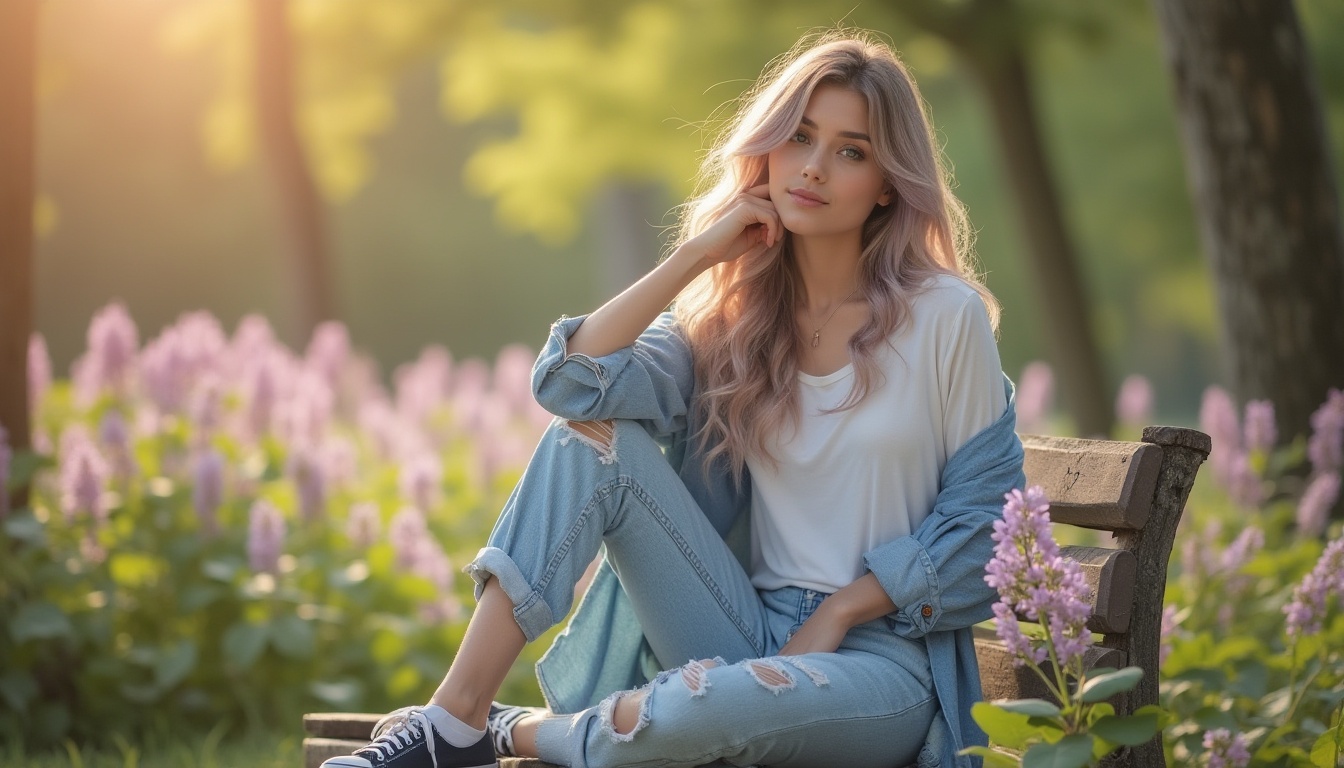 Prompt: Lilac background, calming atmosphere, gentle woman, 25yo, soft wavy lilac hair, natural makeup, relaxed posture, casual wear, light blue denim jacket, white t-shirt, distressed boyfriend jeans, sneakers, sitting on a wooden bench, surrounded by blooming lilac flowers, lush greenery, warm sunlight filtering through trees, soft focus, shallow depth of field, peaceful ambiance, cinematic composition, morning dew.