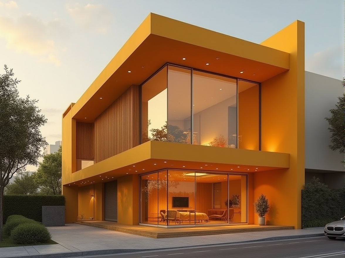 Prompt: Ocher color building, modern architecture, sleek lines, geometric shapes, vibrant warm beige tone, exterior walls, large glass windows, sliding doors, minimalist decor, urban cityscape, evening scene, soft warm lighting, dramatic shadows, low-angle shot, 3/4 composition, cinematic ambiance.