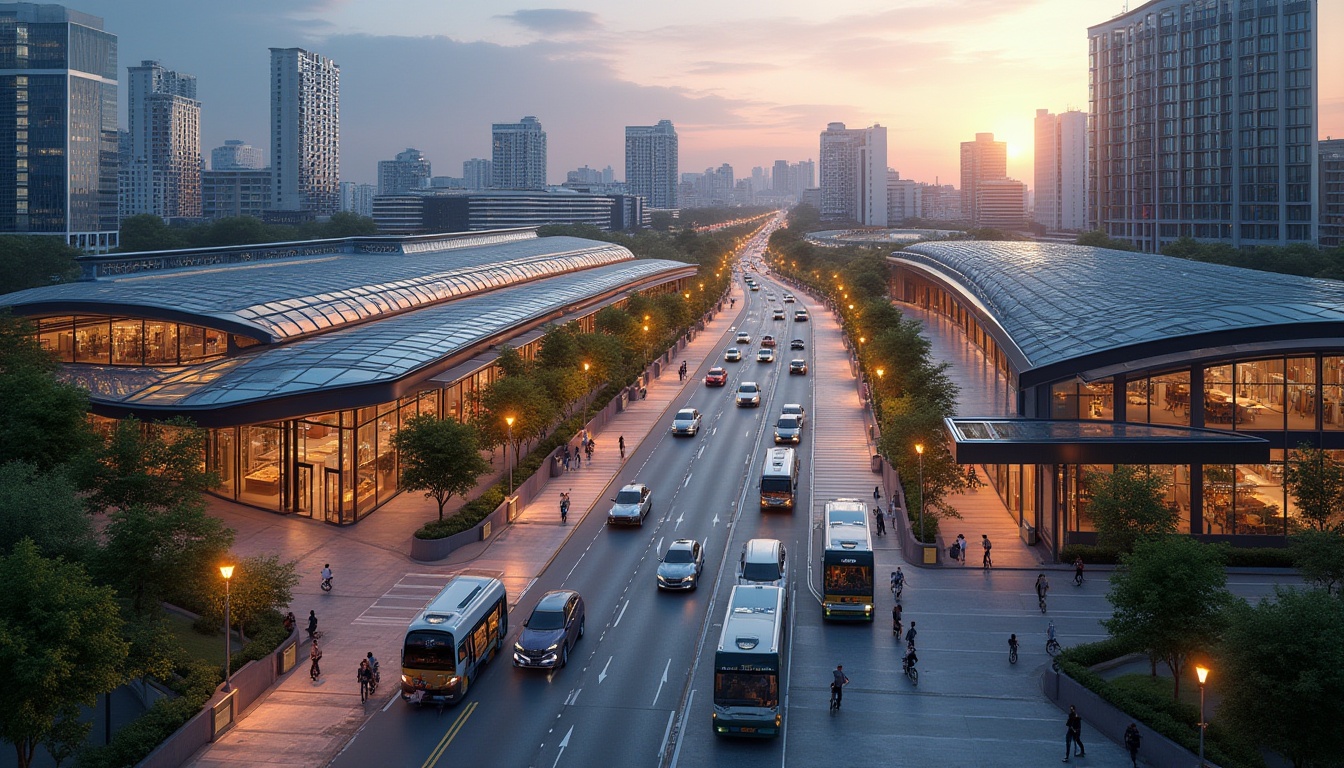 Prompt: Suburban community, transportation hub, futuristic, modern architecture, sleek lines, glass roofs, steel beams, bustling streets, pedestrians walking, cyclists riding, buses driving by, taxis waiting, vibrant streetlights, evening atmosphere, warm ambient lighting, 3/4 composition, shallow depth of field, blurred background, sharp foreground, urban planning, green spaces, trees lining the roads, benches for resting, bike lanes, pedestrian crossings, cityscape, metropolitan area.