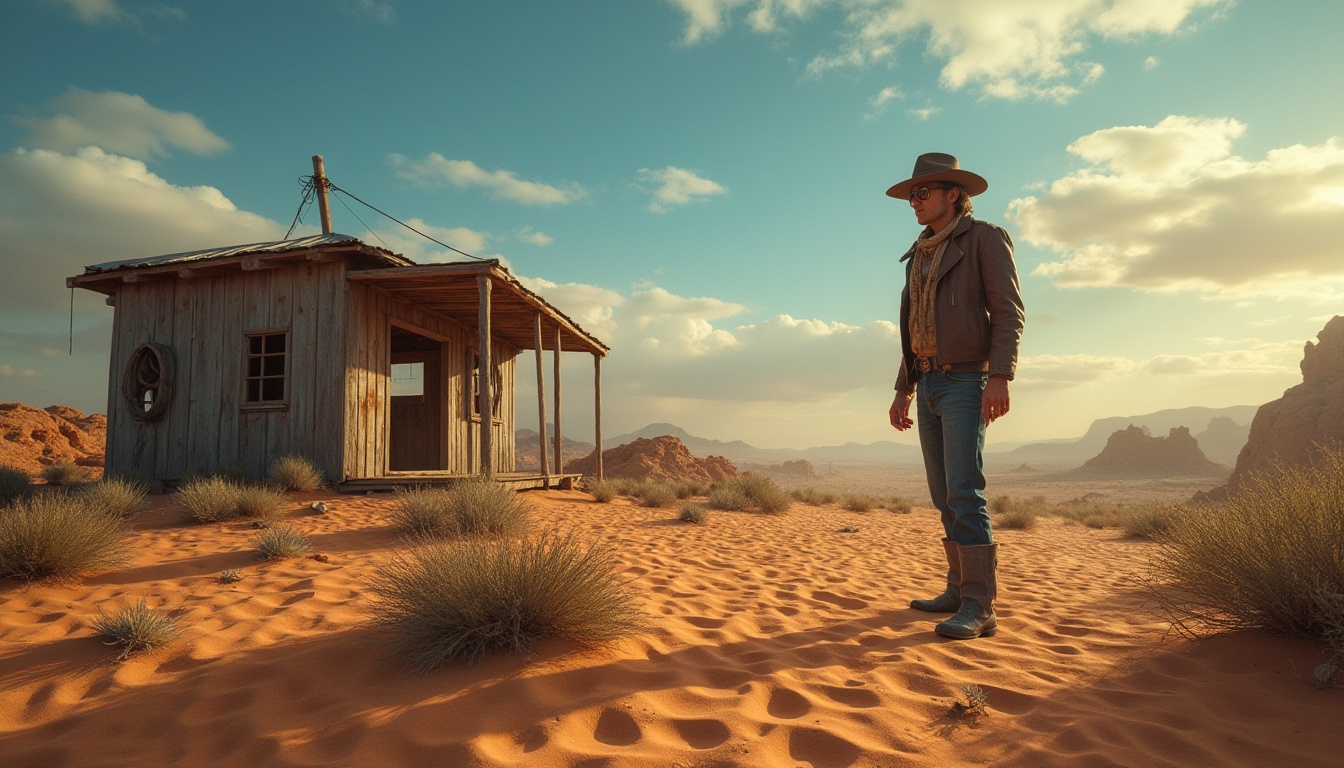 Prompt: Desert environments, vast sand dunes, endless blue skies, cacti scattered, rocky formations, abandoned old wooden shacks, worn-out boots, cowboy hats, leather jackets, aviator sunglasses, scarves, bandanas, golden hour, warm light, deep shadows, dramatic clouds, misty atmosphere, cinematic composition, 3/4 view, low-angle shot, wide-angle lens.