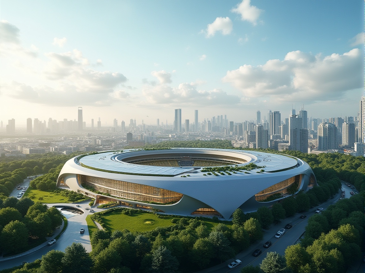 Prompt: Modern stadium, sustainable practices, green architecture, eco-friendly materials, solar panels, wind turbines, recycling facilities, rainwater harvesting system, green roofs, living walls, natural ventilation, large glass windows, minimal carbon footprint, futuristic design, sleek lines, curves and angles, urban landscape, city skyline, blue sky, fluffy white clouds, afternoon sunlight, warm ambient light, 3/4 composition, panoramic view.