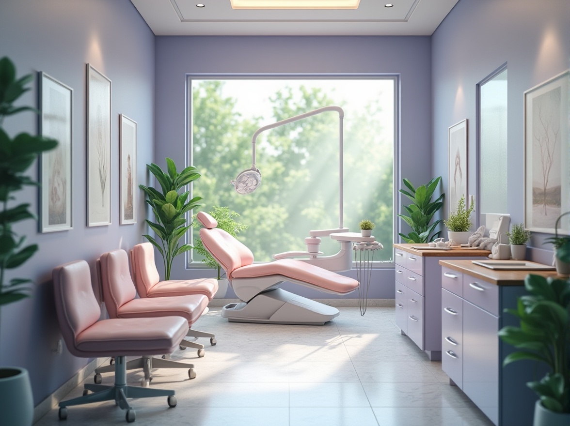 Prompt: Calming dental clinic, Lavender blue walls, soft cushioned chairs, wooden desks, modern dentist equipment, gentle curves, serene atmosphere, natural light pouring through large windows, lush green plants, subtle wood texture, smooth marble floors, peaceful ambient lighting, 3/4 composition, shallow depth of field, warm color tone, relaxing mood.