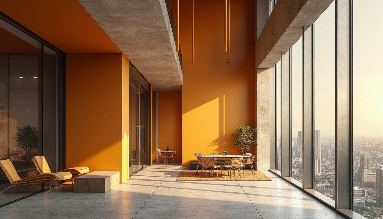 Prompt: Ocher-colored building, modern architecture, cityscape, urban landscape, sleek lines, geometric shapes, bold color accents, large windows, metallic frames, minimalist interior design, concrete floor, wooden furniture, ocher-hued accent wall, natural light pouring in, 3/4 composition, low-angle shot, dramatic shadows, soft focus background, cinematic atmosphere.