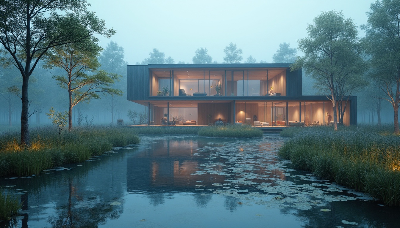 Prompt: Wetland scenery, indigo color scheme, bold architectural design, modern ecological building, large windows, reflective surfaces, wooden accents, water features, aquatic plants, misty atmosphere, soft natural light, serene ambiance, 3/4 composition, panoramic view, shallow depth of field.