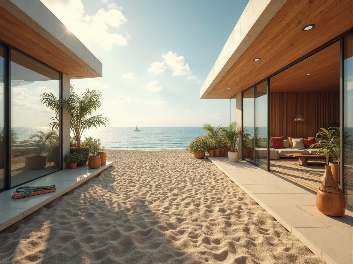 Prompt: Mud material, sustainable, eco-friendly, natural texture, rough surface, earthy tone, coastal design, beachside villa, modern architecture, large windows, wooden accents, minimal decor, simple furniture, potted plants, ocean view, distant sailboats, clear blue sky, soft white clouds, warm sunlight, 3/4 composition, shallow depth of field.