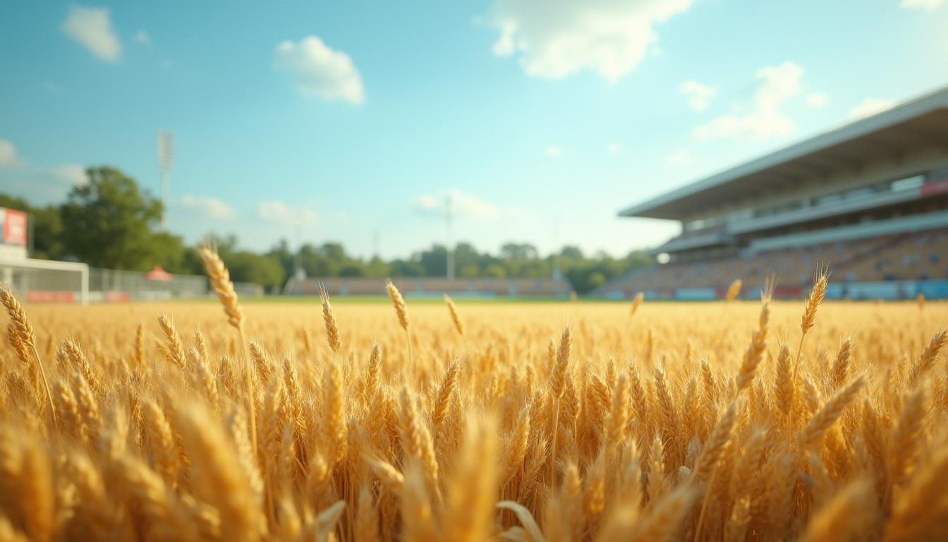 Prompt: Wheat color palette, sports fields, sunny day, clear blue sky, natural grass, lush green, vibrant yellow, warm beige, rustic brown, earthy tones, outdoor setting, athletic atmosphere, goalposts, soccer balls, running tracks, stadium seats, scoreboard, afternoon lighting, soft focus, shallow depth of field, cinematic composition, vivid colors.