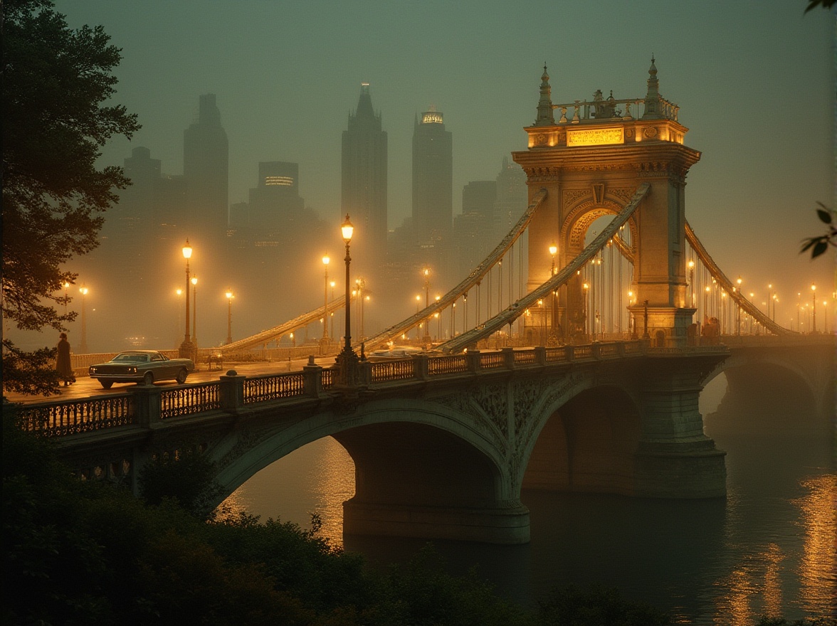 Prompt: Art Deco bridge, curved lines, geometric patterns, metallic materials, ornate railings, grandiose architecture, cityscape, urban landscape, nighttime, warm yellow lighting, foggy atmosphere, misty river, riverbank, lush greenery, vintage cars passing by, elegant pedestrians strolling, low-angle shot, cinematic composition, high contrast, warm color tone.