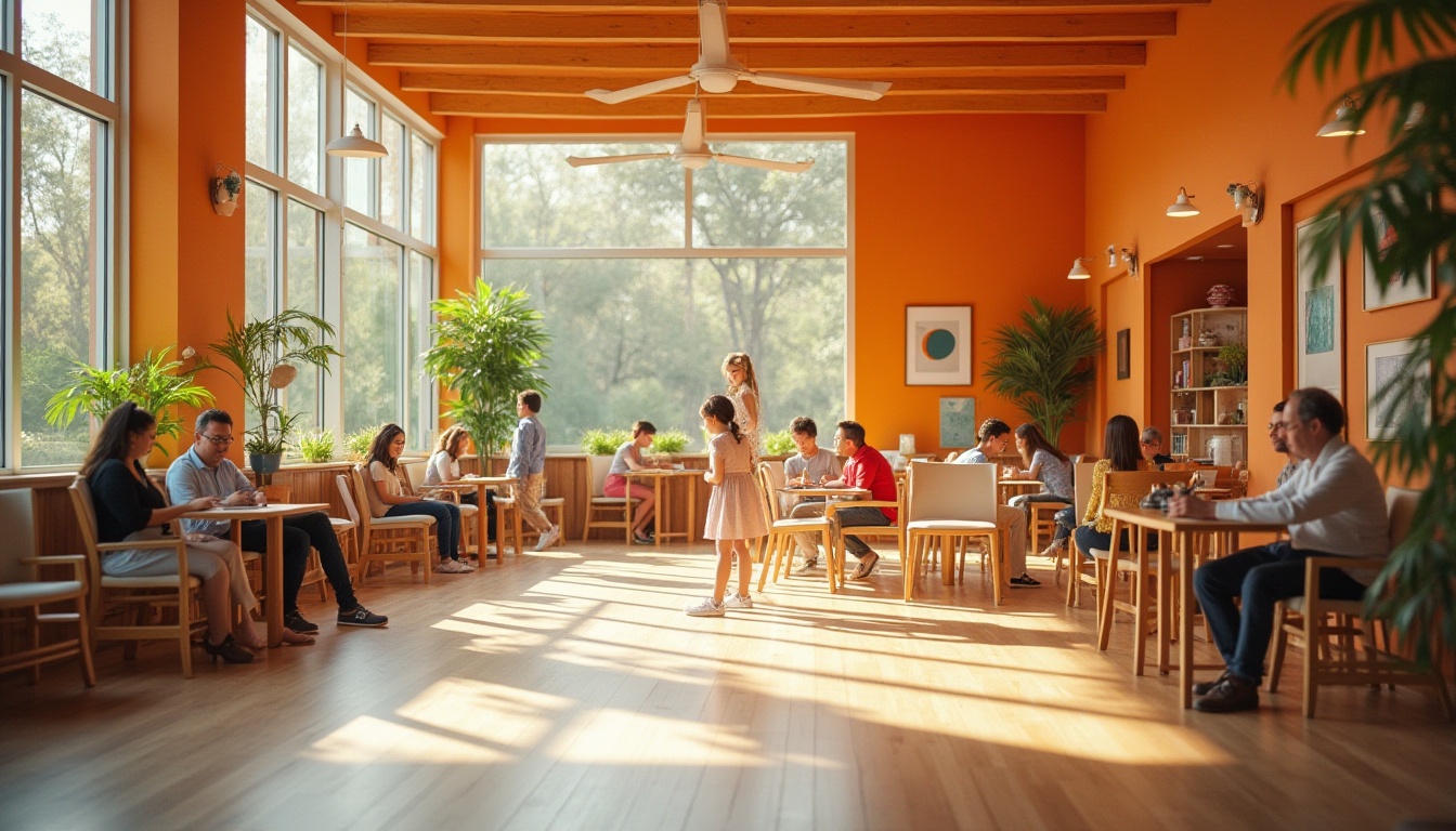 Prompt: Vibrant community center, modern architecture, large windows, tangerine color accent walls, wooden floor, minimalist chairs, natural light, 3/4 composition, warm atmosphere, cozy ambiance, people chatting, laughing, reading, playing, kids running, elderly socializing, green plants, decorative shelves, abstract art pieces, softbox lighting, afternoon sunbeams, shallow depth of field, gentle shadows, HDR rendering.