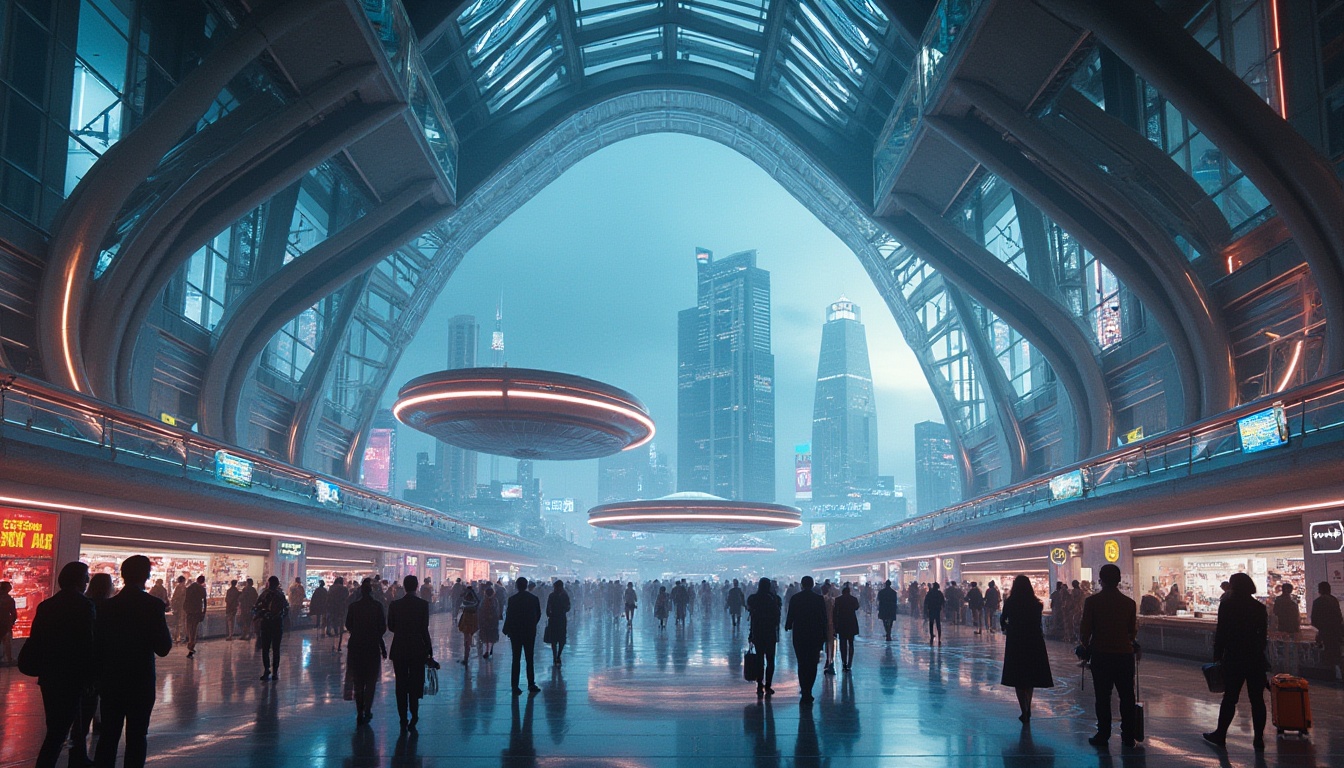 Prompt: Futuristic airport, sleek lines, neon lights, glass dome, metallic structure, towering skyscrapers, bustling urban landscape, holographic advertisements, levitating transportation pods, retro-futuristic vibes, 1950s-inspired decor, shiny metallic floors, transparent elevators, space-age control towers, angular architecture, dramatic lighting, cinematic composition, 3/4 view, panoramic shot, soft focus, atmospheric haze, vibrant colors, high-tech gadgets, robotic assistants, busy travelers, luggage robots, aerodynamic shapes.