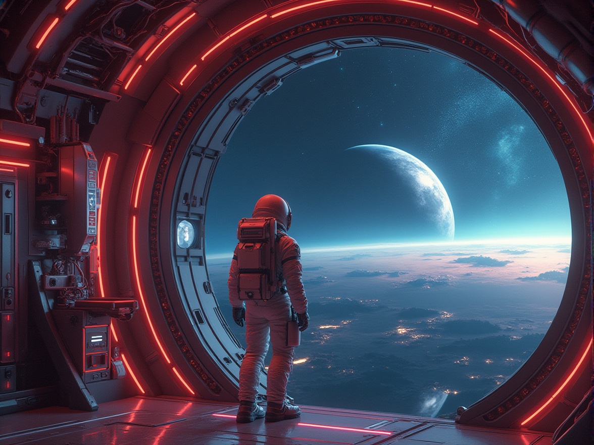 Prompt: Futuristic space station, maroon color accents, metallic walls, neon lights, holographic displays, sleek robots, astronaut in white spacesuit, maroon stripes on sleeve, utility belt, backpack with oxygen tank, standing in front of vast galaxy view, starry night sky, planet Earth visible in distance, 3/4 composition, cinematic lighting, ambient glow, reflective surfaces, intricate details, high-tech atmosphere.