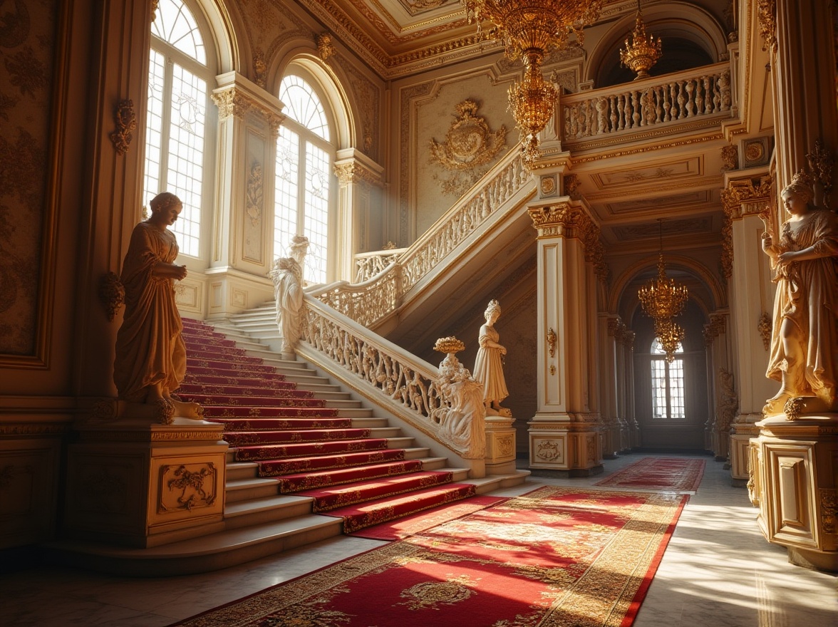 Prompt: Ornate Baroque palace, grand staircase, intricate fiberglass sculptures, ornamental columns, gilded details, sparkling chandeliers, lavish furnishings, velvet drapes, luxurious carpet, marble floor, golden accents, dramatic lighting, majestic atmosphere, high ceilings, fresco walls, opulent decor, 3/4 composition, warm tone, cinematic angle.