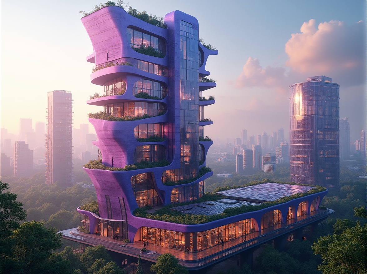 Prompt: Vibrant amethyst color, sustainable architecture, eco-friendly building, modern skyscraper, futuristic design, curved lines, angular shapes, iridescent glass, solar panels, green roof, living walls, urban jungle, cityscape, morning dew, soft natural light, warm ambiance, 3/4 composition, low-angle shot, cinematic mood.