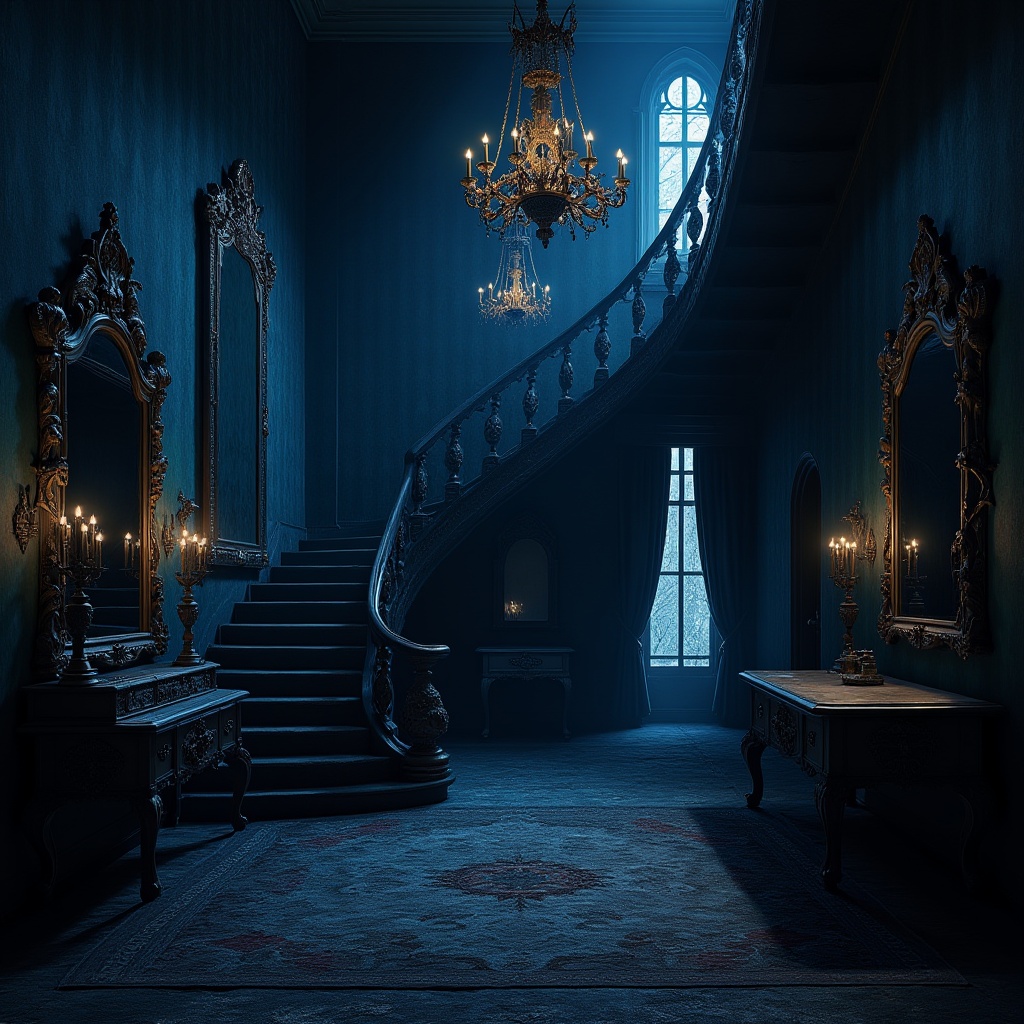 Prompt: Dark gothic interior, navy blue walls, mysterious ambiance, ornate chandeliers, heavy velvet curtains, intricate wooden furniture, carvings of mythical creatures, dim candlelight, mystical atmosphere, abandoned mansion, old castle, grand staircase, lavish decor, mysterious shadows, dramatic lighting, 3/4 composition, high contrast, cinematic mood.