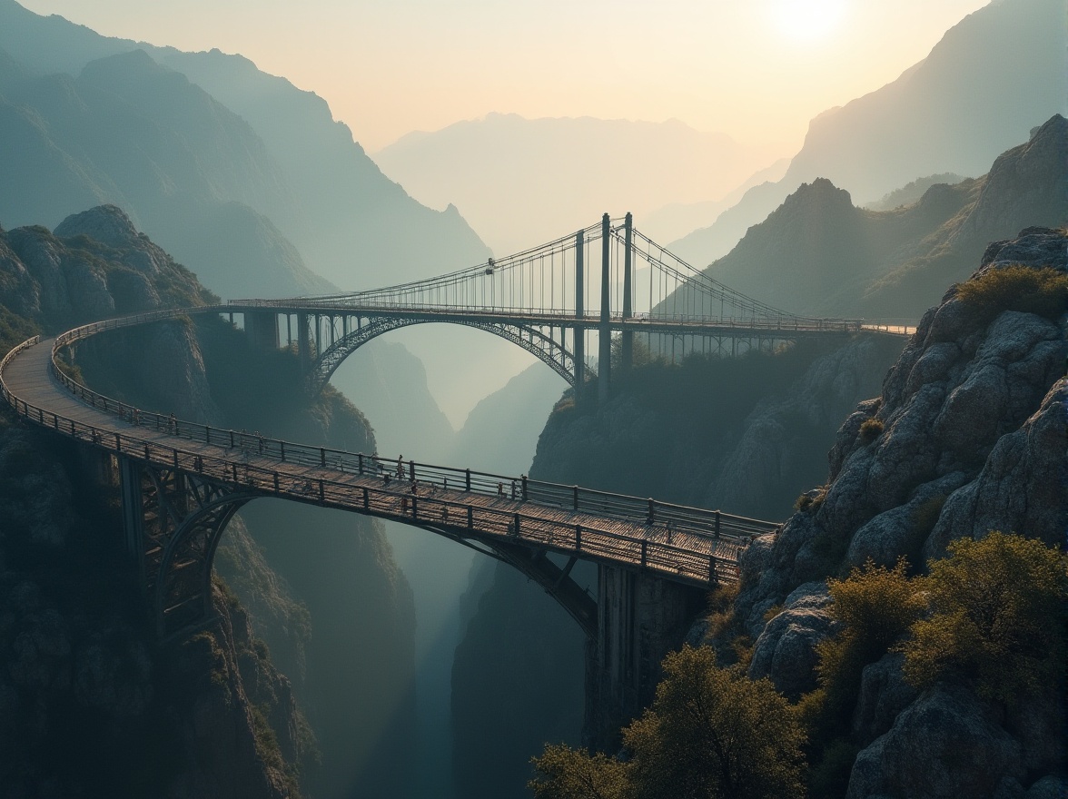 Prompt: Plateau landscape, majestic mountain range, designing bridges, rugged terrain, steel arch bridge, suspension cables, stone pillars, rustic wooden railings, misty atmosphere, early morning fog, warm sunlight, dramatic shadows, aerial perspective, 3/4 composition, high contrast, cinematic lighting.