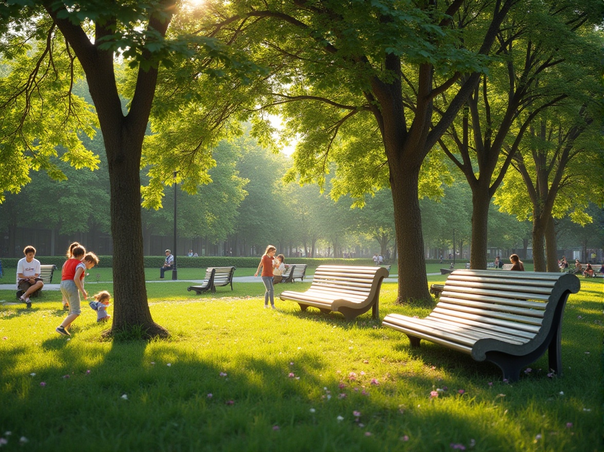 Prompt: Corrugated metal benches, park scenery, sunny afternoon, lush green grass, blooming flowers, mature trees providing shade, winding walkways, children playing tag, laughing and running freely, parents sitting on benches watching, relaxed atmosphere, warm sunlight filtering through leaves, soft natural lighting, vibrant colors, modern urban design, eco-friendly materials, durability, low maintenance, weather resistance, rustic texture, silver-gray metal tone, comfortable seating, people of all ages enjoying leisure time.