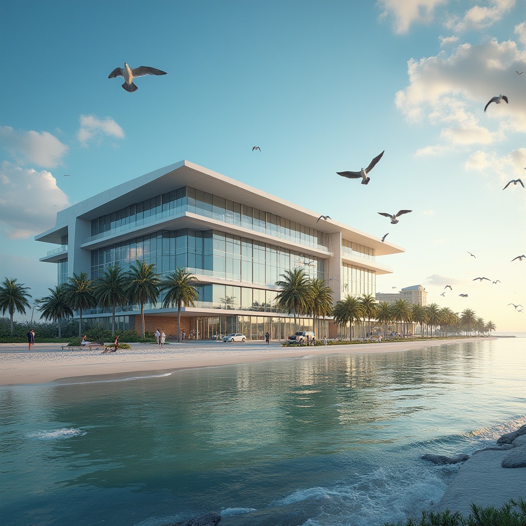 Prompt: Coastal healthcare center, modern architecture, glass facade, steel structure, Chukum material accents, sleek lines, ocean view, palm trees, sandy beach, seagulls flying overhead, sunny day, blue sky with few white clouds, warm light reflecting off the water, 3/4 composition, ambient lighting, shallow depth of field, soft focus on the building, vibrant colors, realistic rendering.