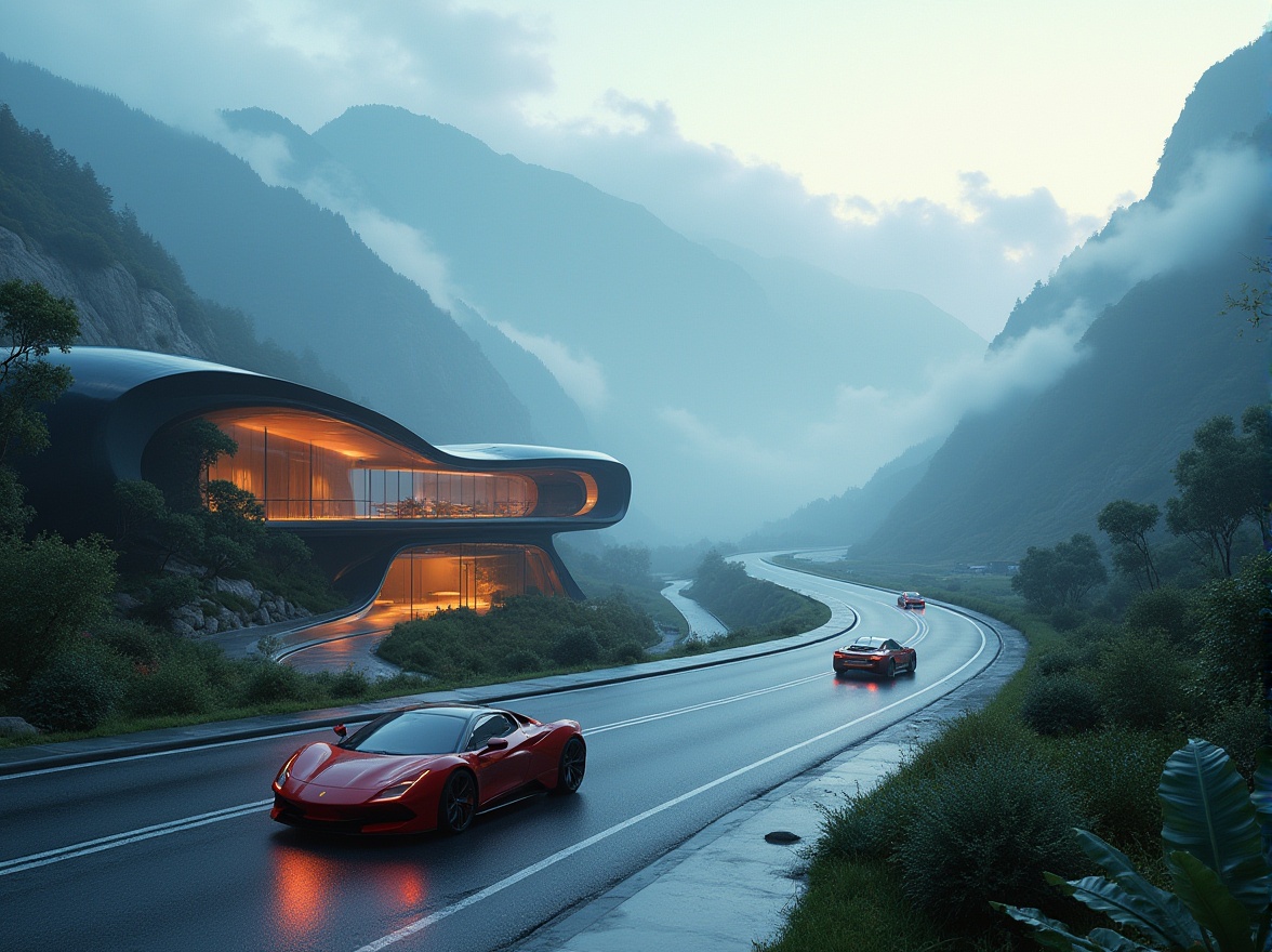 Prompt: Valley scenery, futuristic architecture, sleek modern design, minimalist vibe, curvaceous lines, reflective surfaces, metallic materials, neon lights, misty atmosphere, fog rolling in, mountainside backdrop, lush greenery, unique plant species, winding roads, sports cars racing by, dynamic camera angles, high contrast lighting, cinematic composition, 3/4 view, low-angle shot, dramatic skies.