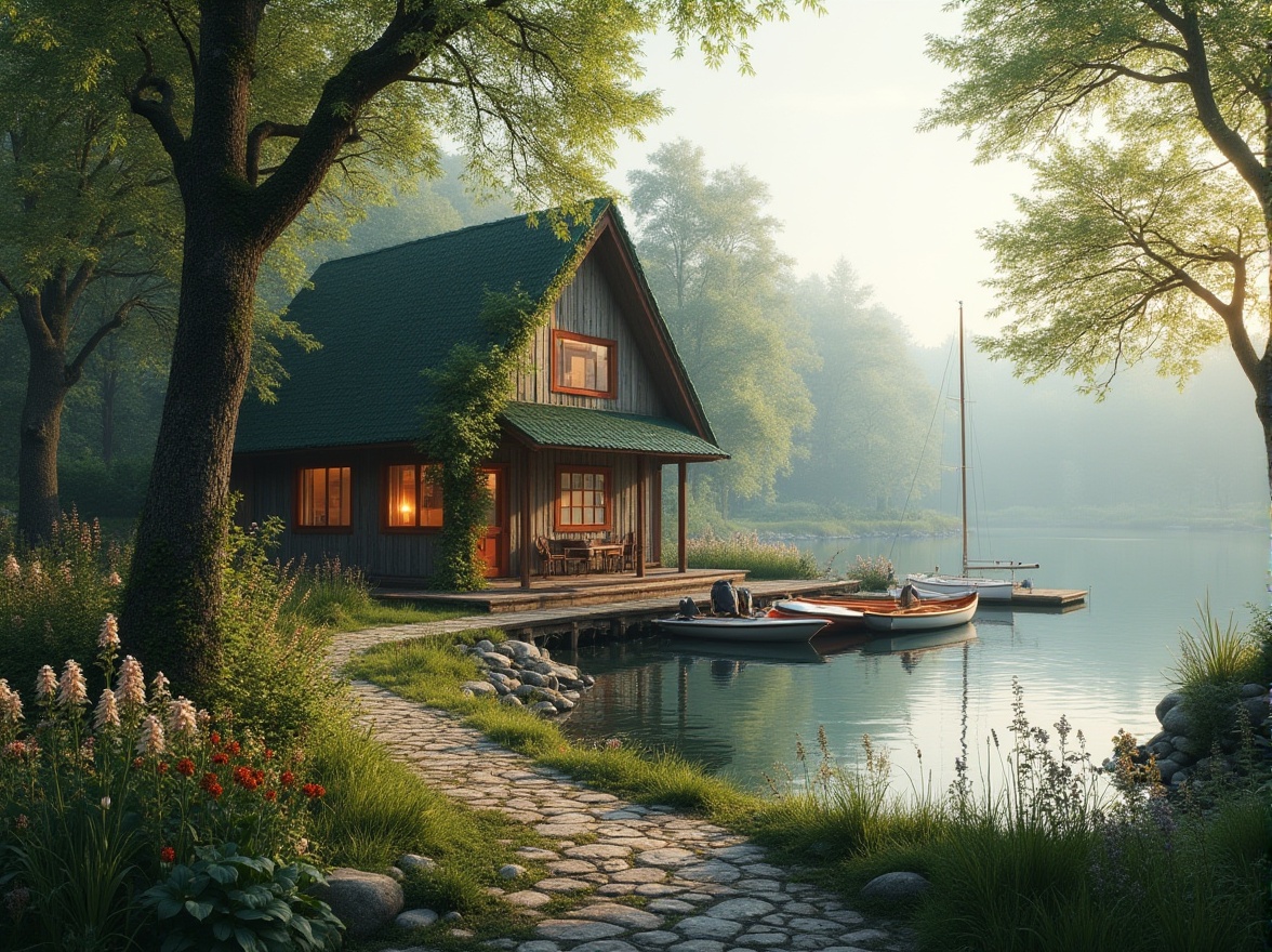 Prompt: Waterfront boathouse, harmonious integration with nature, wooden structure, rustic design, green roof, vines crawling up walls, surrounded by tall trees, overhanging branches, tranquil lake, calm water reflections, misty morning atmosphere, warm soft lighting, 3/4 composition, subtle color palette, natural textures, stone pathway leading to boathouse, lush vegetation, blooming flowers, wooden dock, sailboats and canoes moored, serene ambiance, peaceful coexistence with nature.