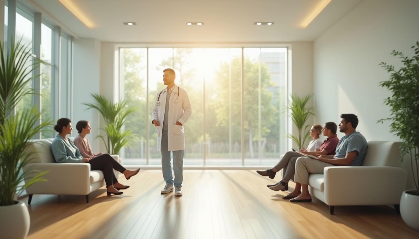 Prompt: Natural clinic interior, abundant natural light, large floor-to-ceiling windows, minimalist white walls, wooden floors, green plants, doctor in white coat, stethoscope around neck, gentle smile, patients waiting on sofas, calm atmosphere, soft indirect lighting, 3/4 composition, warm color tone, shallow depth of field, realistic, ambient light, cinematic composition.