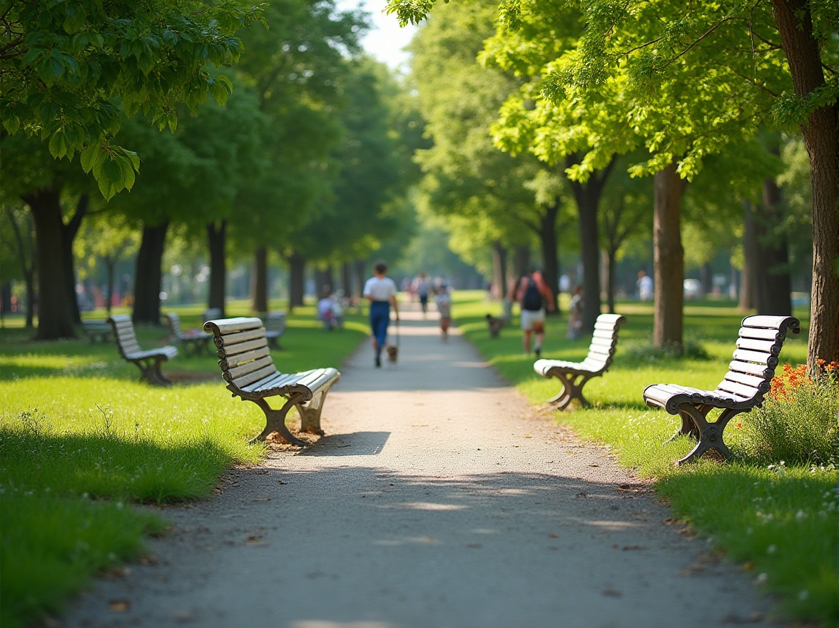 Prompt: Parks, greenery, natural scenery, corrugated metal benches, weathered finish, silver color, steel material, simple design, sturdy structure, curved shape, blending with surroundings, lush trees, vibrant flowers, walking paths, children playing, pet owners, outdoor recreation, sunny day, soft shadows, warm lighting, shallow depth of field.