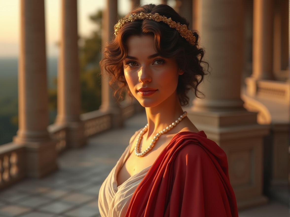 Prompt: Ancient Greek statue-inspired, modern lady, solo, (25yo), elegant detailed facial features, subtle smile, curly brown hair, pearl necklace, white toga, golden laurel wreath, draped red cloak, marble pedestal, grand staircase, luxurious villa, Italian Renaissance architecture, warm sunset lighting, dramatic shadows, soft focus, cinematic composition, HDR.