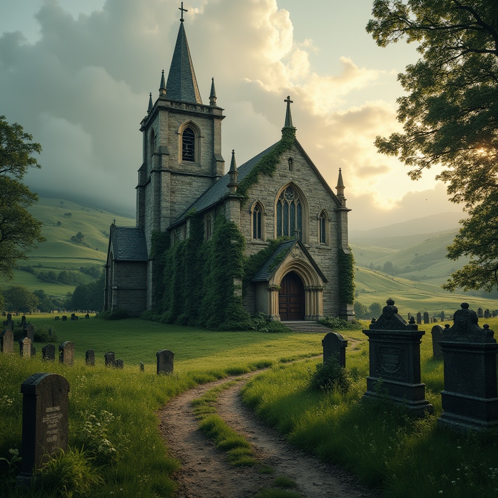 Prompt: Rural Gothic church, surrounded by rolling hills, lush green pastures, old stone walls, overgrown with vines, mysterious misty atmosphere, tall spires reaching towards the sky, grand stained glass windows, intricate carvings on wooden doors, moss-covered gravestones, winding dirt path leading to entrance, dramatic cloudy sky, warm golden lighting, 3/4 composition, depth of field, cinematic mood.