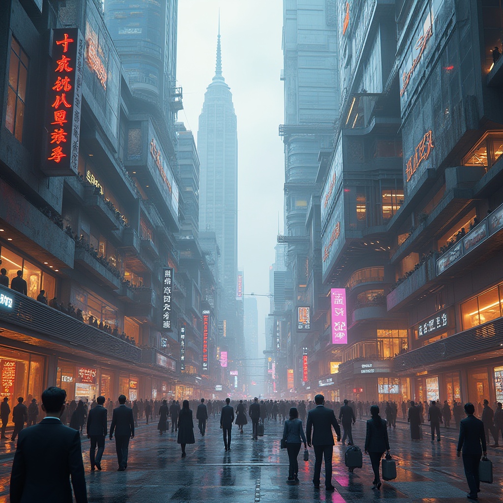 Prompt: Futuristic commercial district, constructivist architecture, skyscrapers, metallic materials, geometric shapes, neon lights, vibrant colors, busy streets, crowds of people in business attire, briefcases, laptops, modern urban landscape, cityscape, metropolitan atmosphere, birds-eye view, panoramic composition, dramatic lighting, high contrast, 3D rendering.