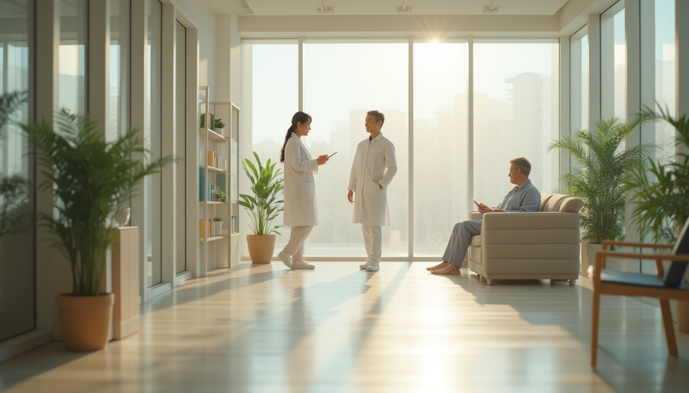 Prompt: Natural light, clinic interior, modern architecture, large windows, transparent glass, minimalist decor, white walls, polished floor, green plants, wooden furniture, doctor, nurse, patient, reading, walking, sitting, gentle facial expression, soft focus, warm color tone, morning sunlight, diffused lighting, shallow depth of field, 3/4 composition, panoramic view.