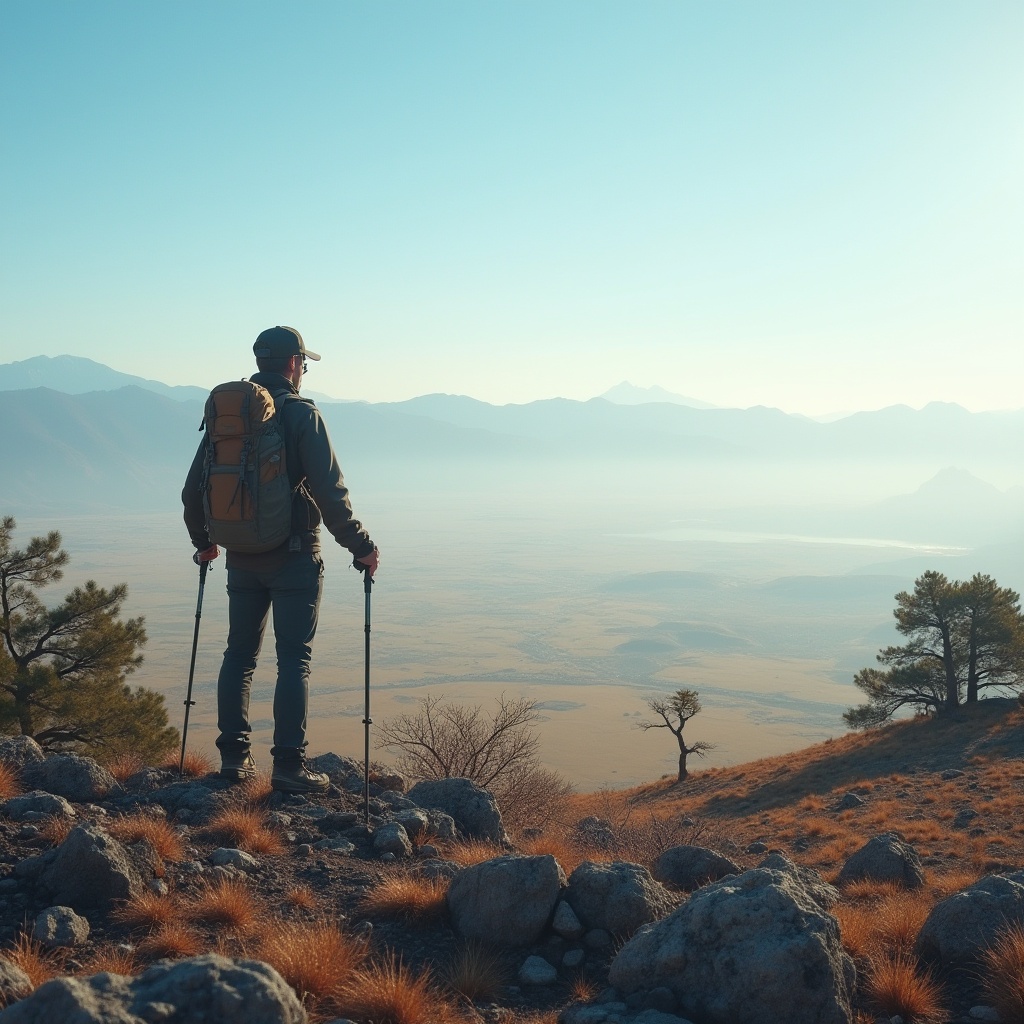 Prompt: Plateau landscape, elevated terrain, vast open space, rocky outcrops, sparse vegetation, few trees, distant mountains, clear blue sky, warm sunlight, gentle breeze, solitary figure, trekking poles, backpack, hiking boots, casual outdoor clothing, relaxed posture, looking into the distance, contemplative expression, misty atmosphere, soft lighting, cinematic composition, panoramic view.