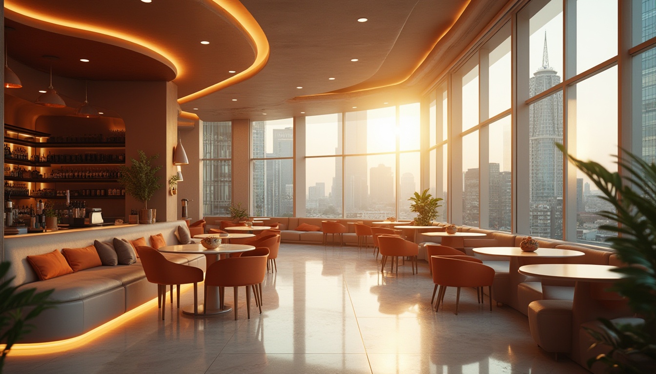 Prompt: Modern coffee shop, futuristic ambiance, sleek lines, minimalist decor, fiberglass tables, rounded edges, glossy finish, LED lighting, warm color scheme, comfortable sofas, wooden accents, potted plants, large windows, natural light, urban cityscape view, afternoon sun, soft focus, shallow depth of field, creative composition.