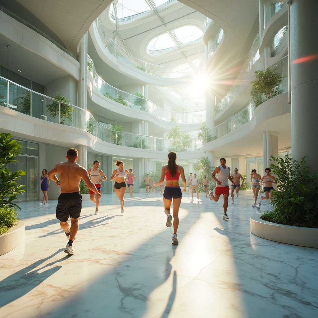 Prompt: Inspiring island, gymnasium design, futuristic architecture, circular structure, white marble floor, glass walls, natural light pouring in, greenery surrounding, vibrant colors, motivational quotes on walls, athletes in motion, jumping, running, stretching, muscular men and women, sporty clothing, sneakers, dynamic movements, energetic atmosphere, warm lighting, low-angle shot, 3/4 composition, cinematic feel, realistic render.