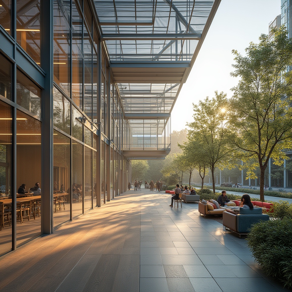 Prompt: Modern high school building, glass facade, steel structure, minimalist interior design, wooden floors, open ceiling, natural light, collaborative learning spaces, flexible seating arrangements, interactive whiteboards, student lounge area, outdoor courtyard with greenery, mature trees, urban context, sunny afternoon, warm lighting, 3/4 composition, shallow depth of field.