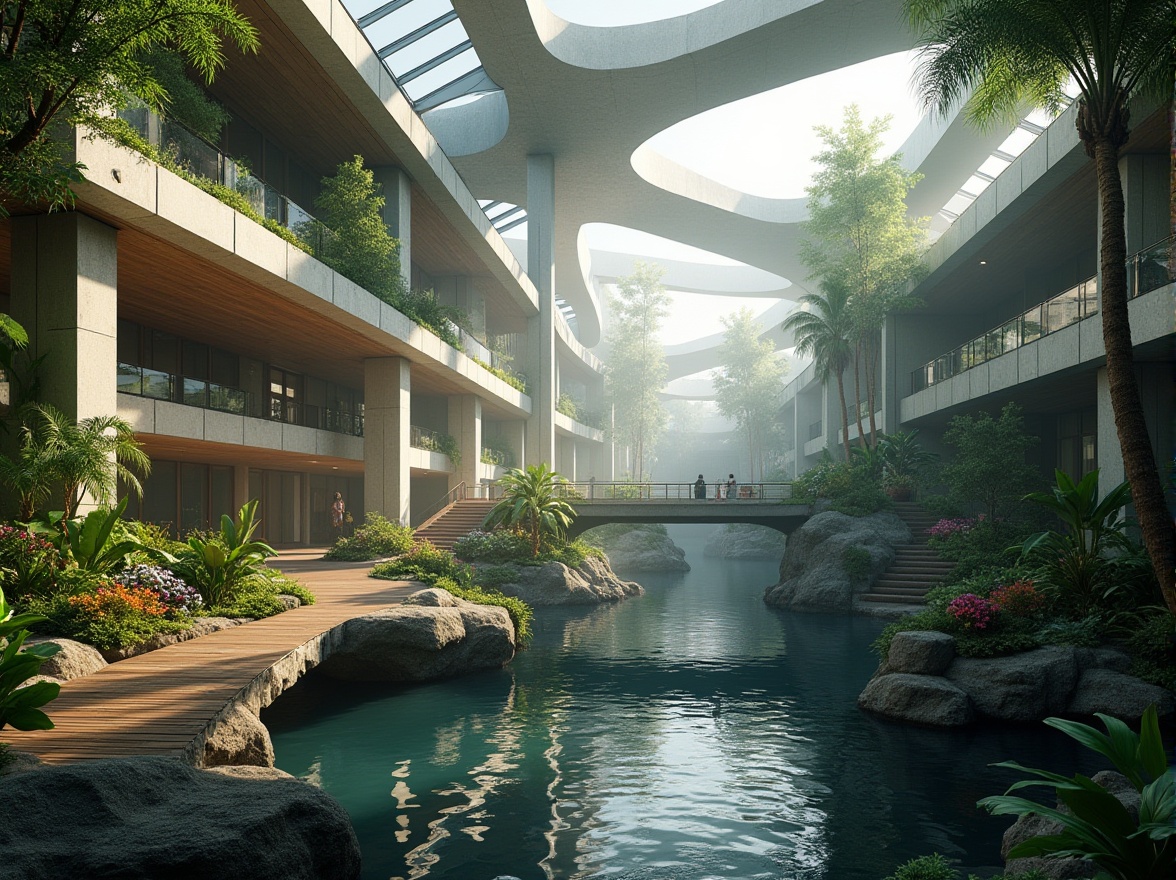 Prompt: Modern zoo, structuralism style, futuristic architecture, clean lines, geometric shapes, steel beams, glass roofs, minimalist interior, natural light, open spaces, animal enclosures, concrete walls, wooden bridges, water features, lush greenery, tropical plants, vibrant flowers, misty atmosphere, soft natural lighting, warm color palette, abstract composition, 3/4 view angle, cinematic mood.