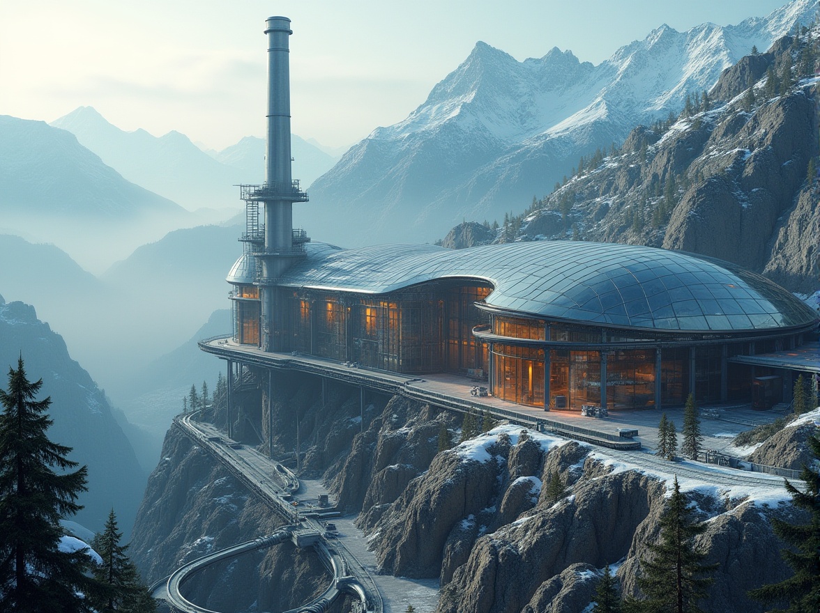 Prompt: Mountainous energy plant, futuristic architecture, steel beams, glass panels, curved roof, snow-capped peaks, misty atmosphere, morning sunlight, steep cliffs, pine trees, rugged terrain, winding mountain roads, industrial pipes, metallic textures, blueprints, 3D models, detailed machinery, hydroelectric turbines, solar panels, wind turbines, steam vents, control rooms, operator consoles, high-tech equipment, ambient occlusion, cinematic lighting, aerial view, 3/4 composition.